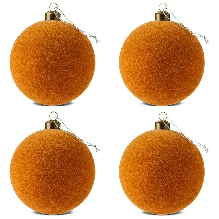 Brown Flocked Ball Christmas Ornaments, 4.5", 4 Count, by Holiday Time | Walmart (US)