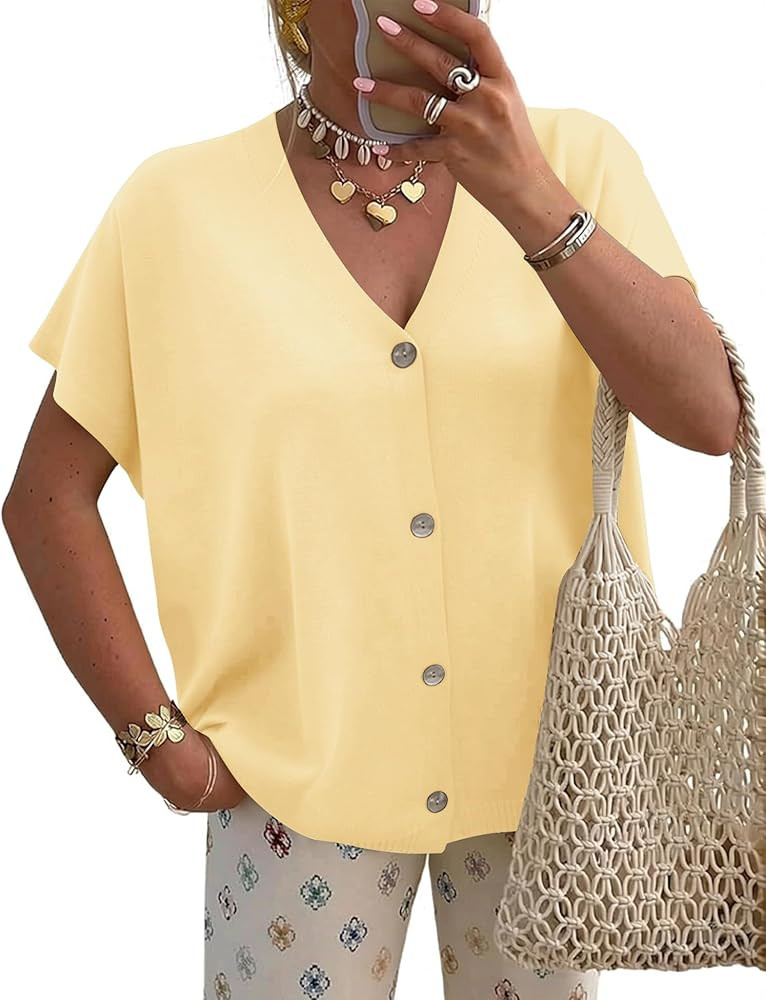 LOMON Oversided Cardigan Sweaters for Women Short Cap Sleeve V-Neck Casual Button Lightweight Kni... | Amazon (US)