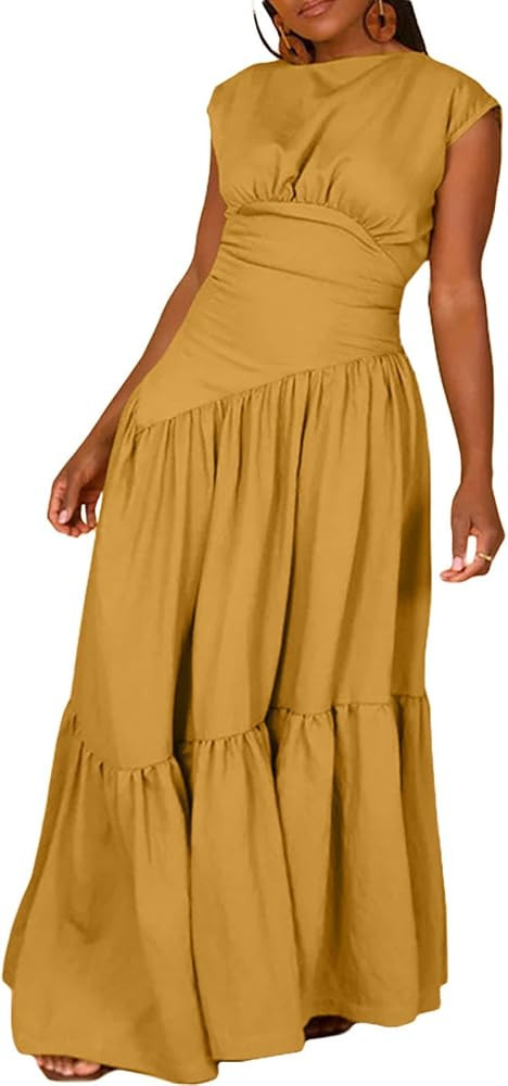 Women's Summer Sleeveless Loose Flowy Maxi Dress Crew Neck High Waist Casual Long Dress Zipper Sw... | Amazon (US)