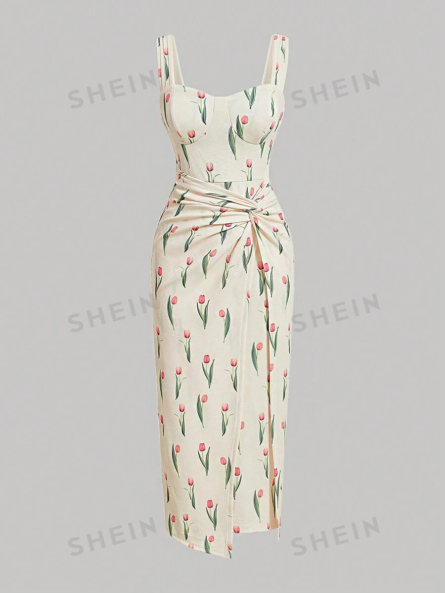 SHEIN MOD Allover Floral Print Romantic Tulip Print Pattern Twist Front Split Hem Prom Dress | SHEIN