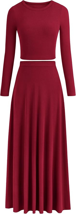 PRETTYGARDEN Women Fall Spring 2 Piece Outfits Dressy Casual Ribbed Knit Long Sleeve Crop Top Max... | Amazon (US)
