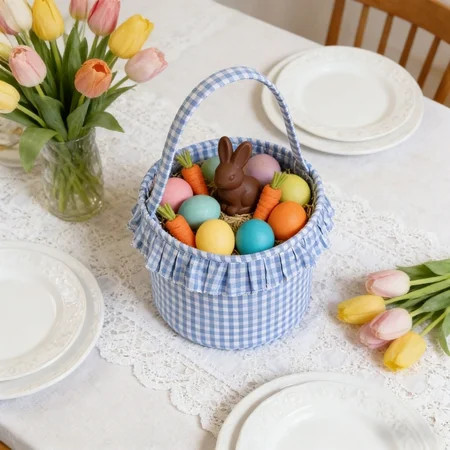 Easter Basket Plaid Gingham Easter Buckets with Border Pleat,Cute Easter Basket Tote Easter Eggs Hunt Bag,Easter Decorations,Candy Gifts Storage | Walmart (US)