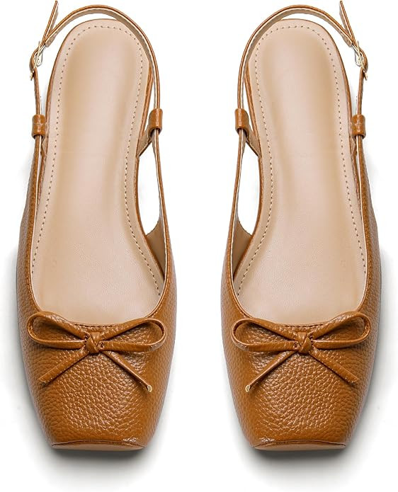 Women's Ballet Flats Slingbacks Square Toe Bow Knit Dressy Flat Shoes with Ankle Buckles Satin | Amazon (US)