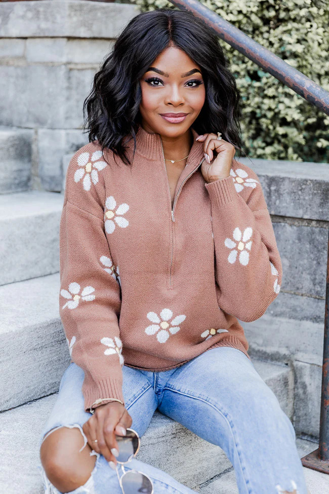 Make It Count Brown Flower Printed Quarter Zip Pullover | Pink Lily