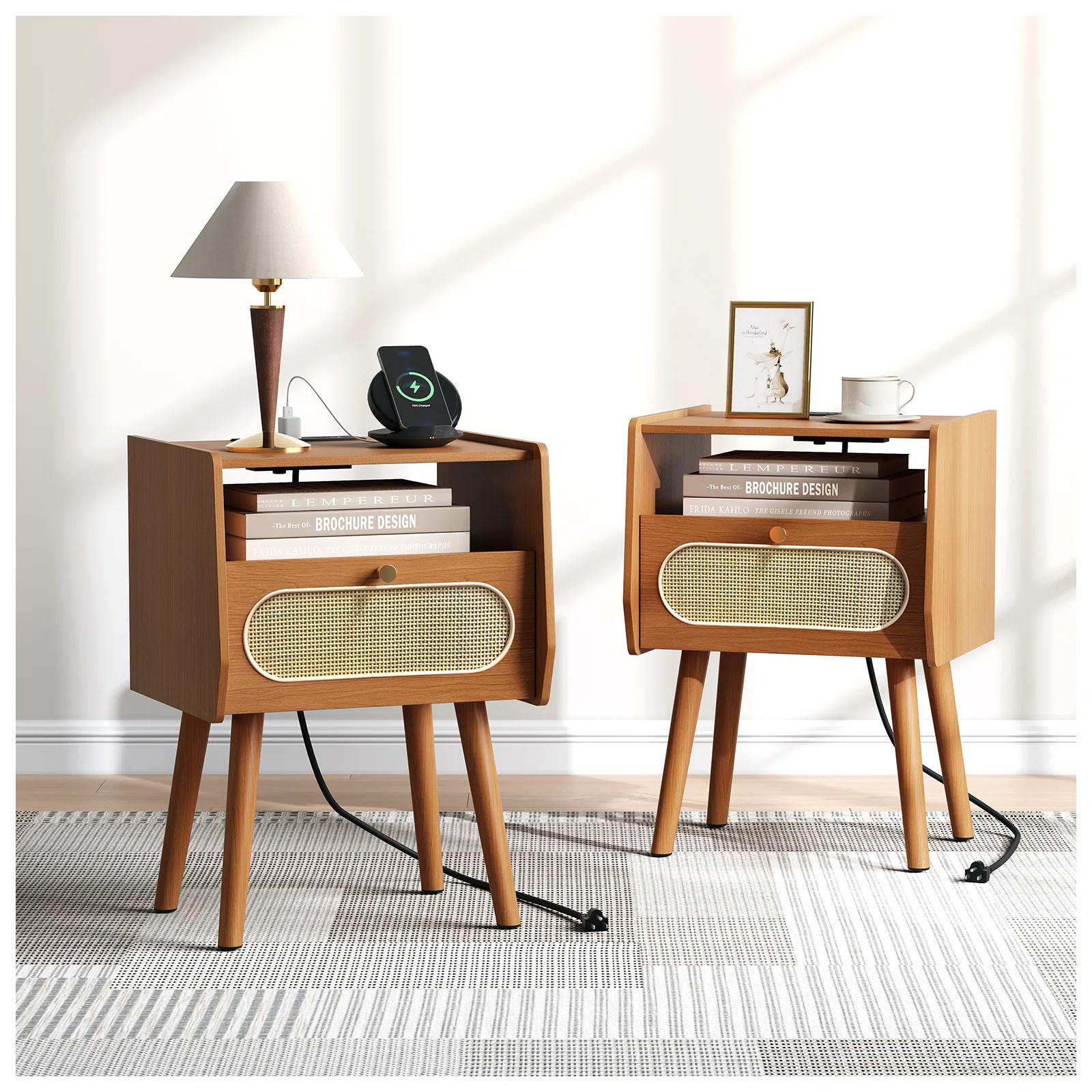 Mid Century Modern Rattan Nightstand Set Of 2 | Wayfair North America