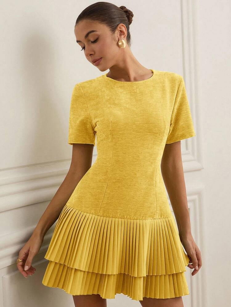 Aveloria Rosie French Elegant Patchwork Hem Pleated Design Waist-Cinching Slim Fit Round Neck Short Casual Dress | SHEIN