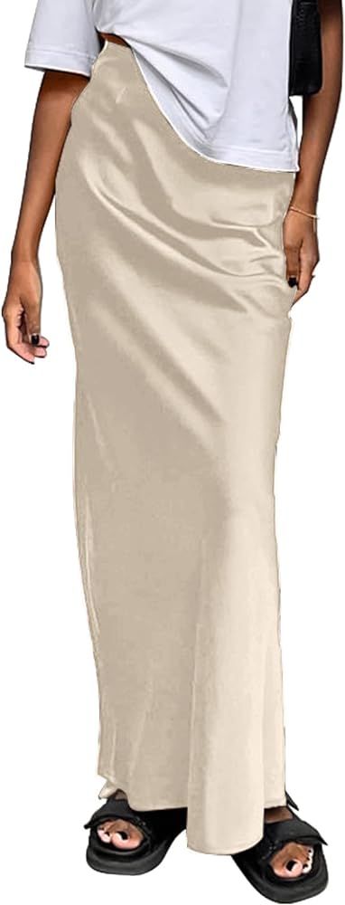 Women's Satin Silky High Waist Maxi Skirt Elegant Elastic Waistband A Line Long Skirts | Amazon (US)