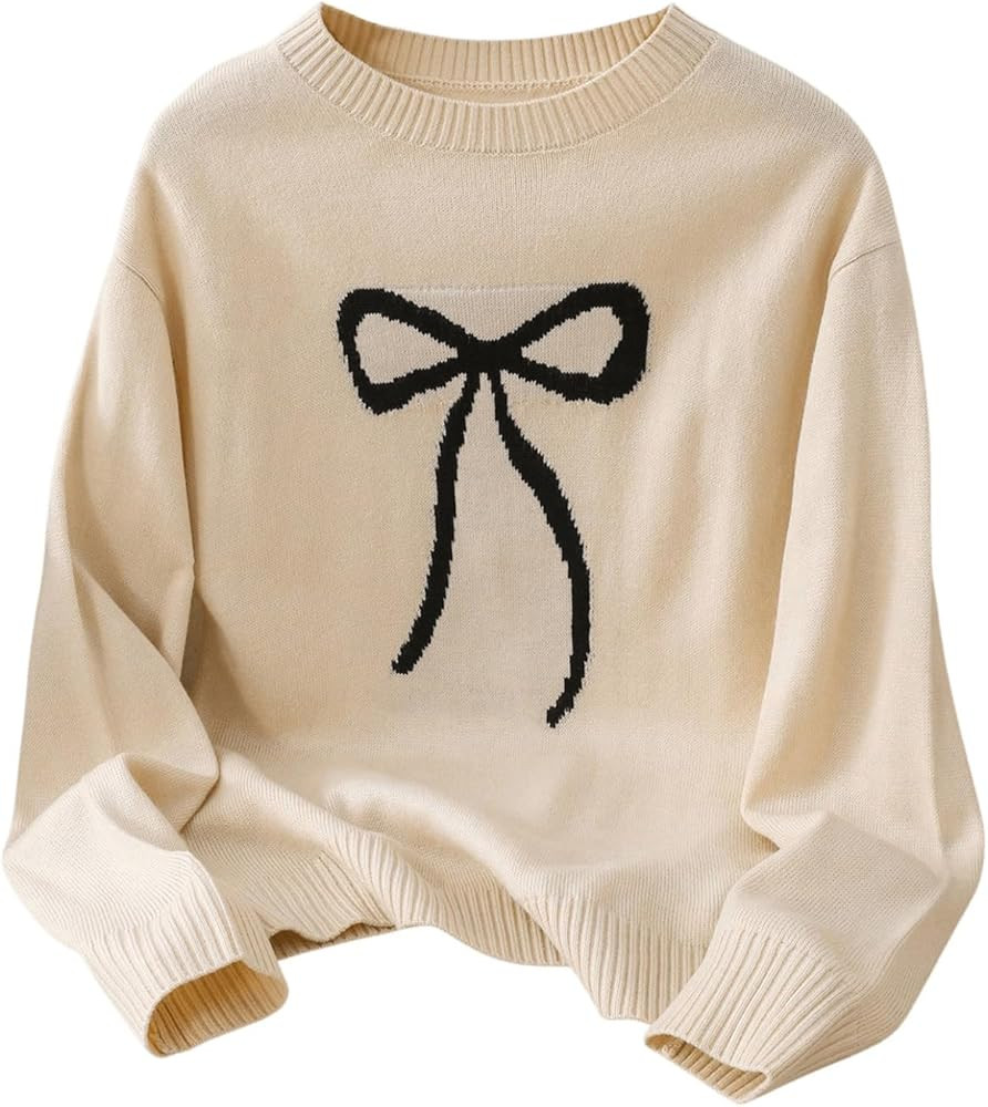 Girl's Bow Sweater Crew Neck Cute Sweaters Long Sleeve Knit Pullovers Sweater | Amazon (US)