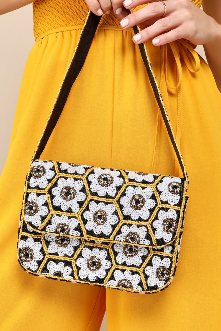 Springtime Selection Black Multi Floral Beaded Shoulder Bag | Lulus