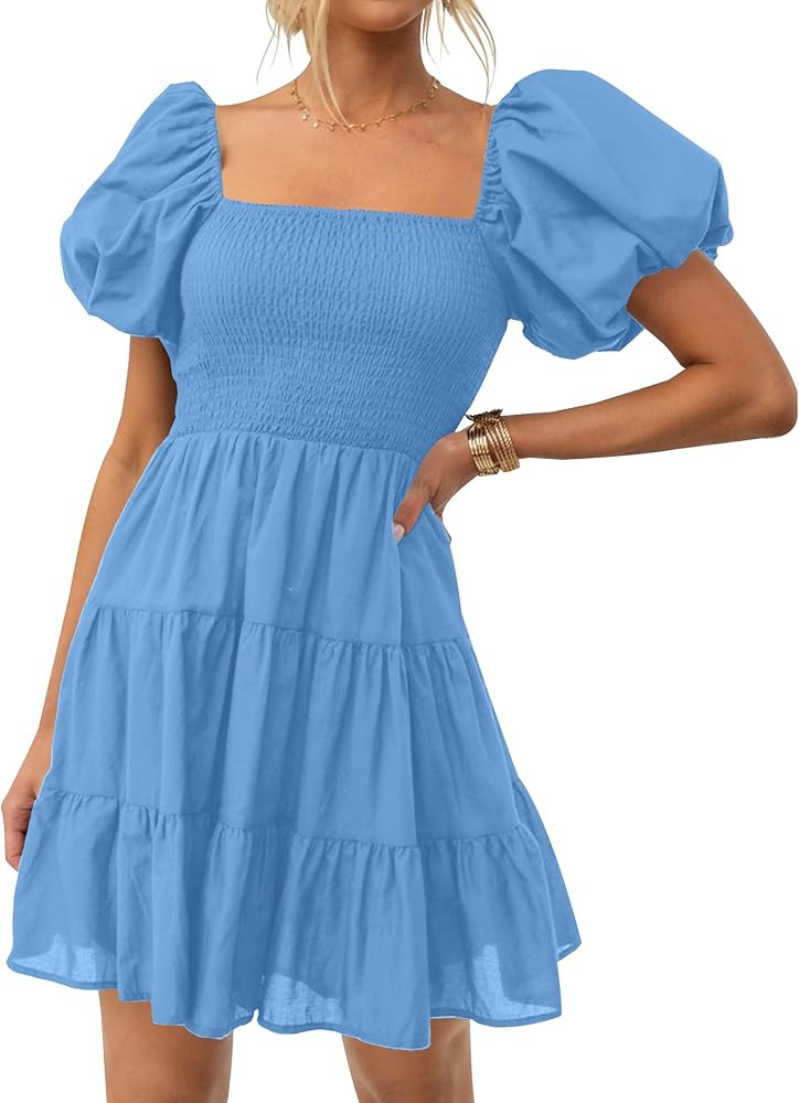 ZESICA Women's 2024 Boho Summer Square Neck Puff Sleeve Off Shoulder Smocked Tiered Casual A Line... | Amazon (US)