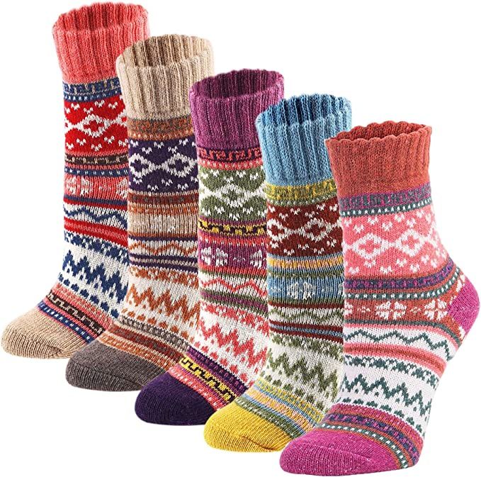 YZKKE 5Pack Womens Vintage Winter Soft Warm Thick Cold Knit Wool Crew Socks, Multicolor, free siz... | Amazon (US)
