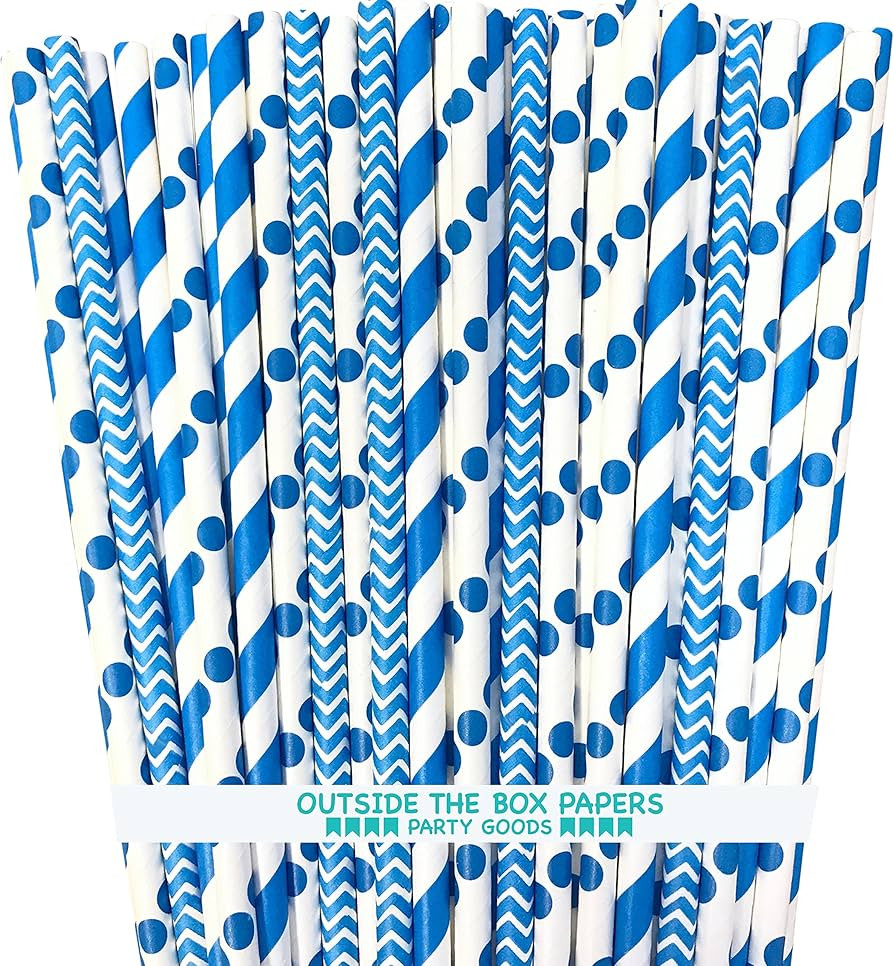 Paper Straws - Blue White - Stripe Chevron Polka Dot - 7.75 Inches - 100 Pack - Outside the Box P... | Amazon (US)