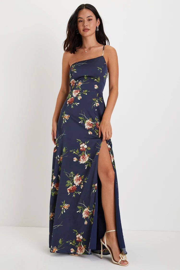 Exceptional Attraction Navy Blue Floral One-Shoulder Maxi Dress | Lulus