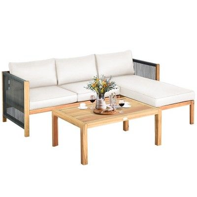 Tangkula 3PCS Patio Acacia Wood Sofa Furniture Set Thick Cushion W/ Nylon Rope Armrest Gray/White | Target