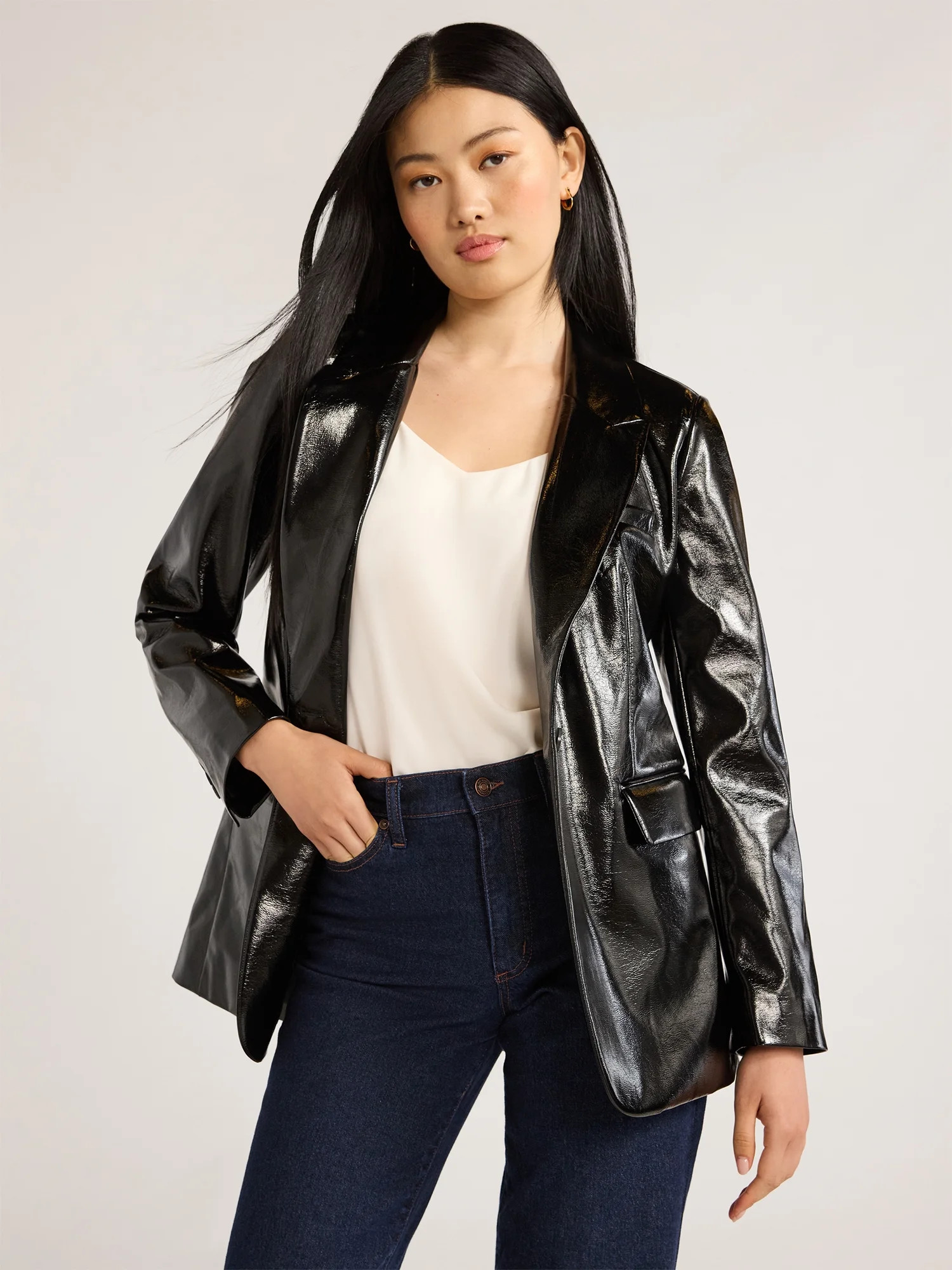 Scoop Women's Faux Patent Leather One Button Blazer, Sizes XS-XXL - Walmart.com | Walmart (US)
