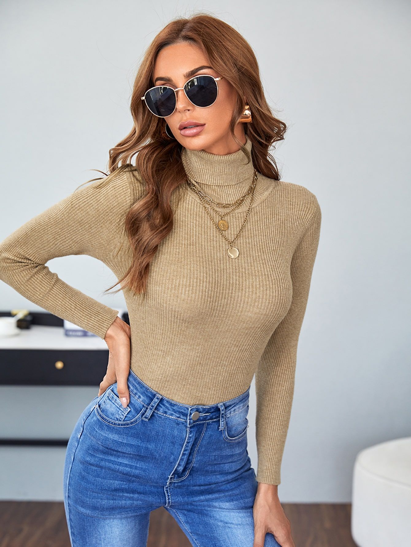 Turtleneck Ribbed Knit Sweater | SHEIN