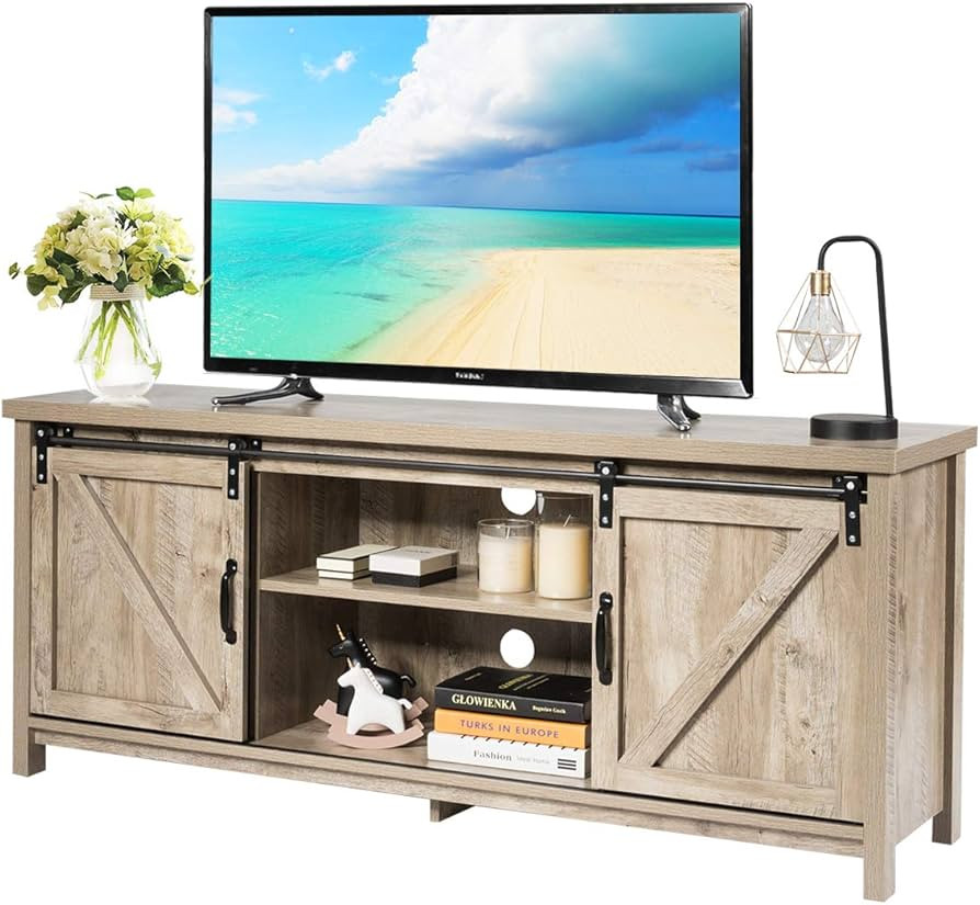 Tangkula Sliding Barn Door TV Stand, Wood TV Storage Cabinet for TVs Up to 65 Inch, Farmhouse Ent... | Amazon (US)