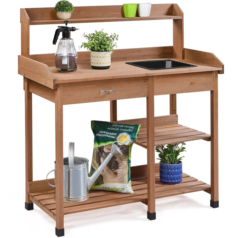 Renwick Garden Potting Bench with Basin & Drawer, Brown | Walmart (US)