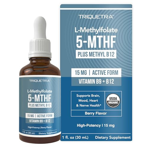 L Methyl Folate 15mg Plus Methyl B12 Cofactor – Organic Berry Flavor, High Potency Liquid Sublingual Active 5-MTHF Form - Supports Mood, Methylation, Cognition – Bioactive Forms Vitamin B9 & B12 (1oz) | Amazon (US)