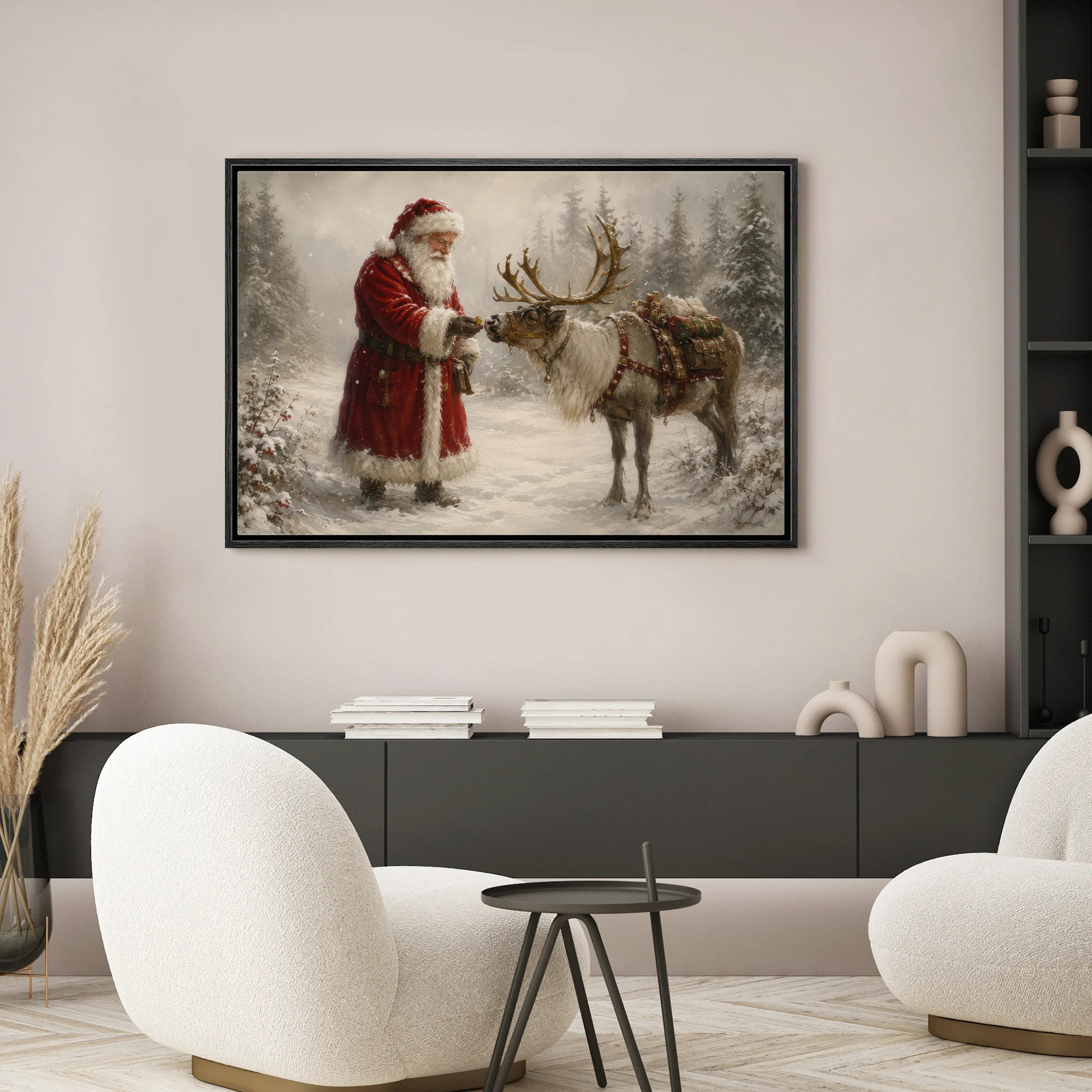Santa Claus Feeding Reindeer in Snowy Forest Framed Canvas Master Bedroom Wall Art Work Print | Wayfair North America