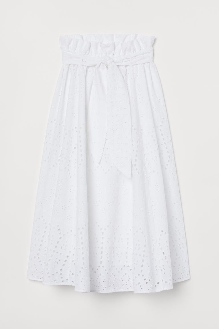 Calf-length, bell-shaped skirt in a cotton weave with broderie anglaise. High paper bag waist wit... | H&M (UK, MY, IN, SG, PH, TW, HK)