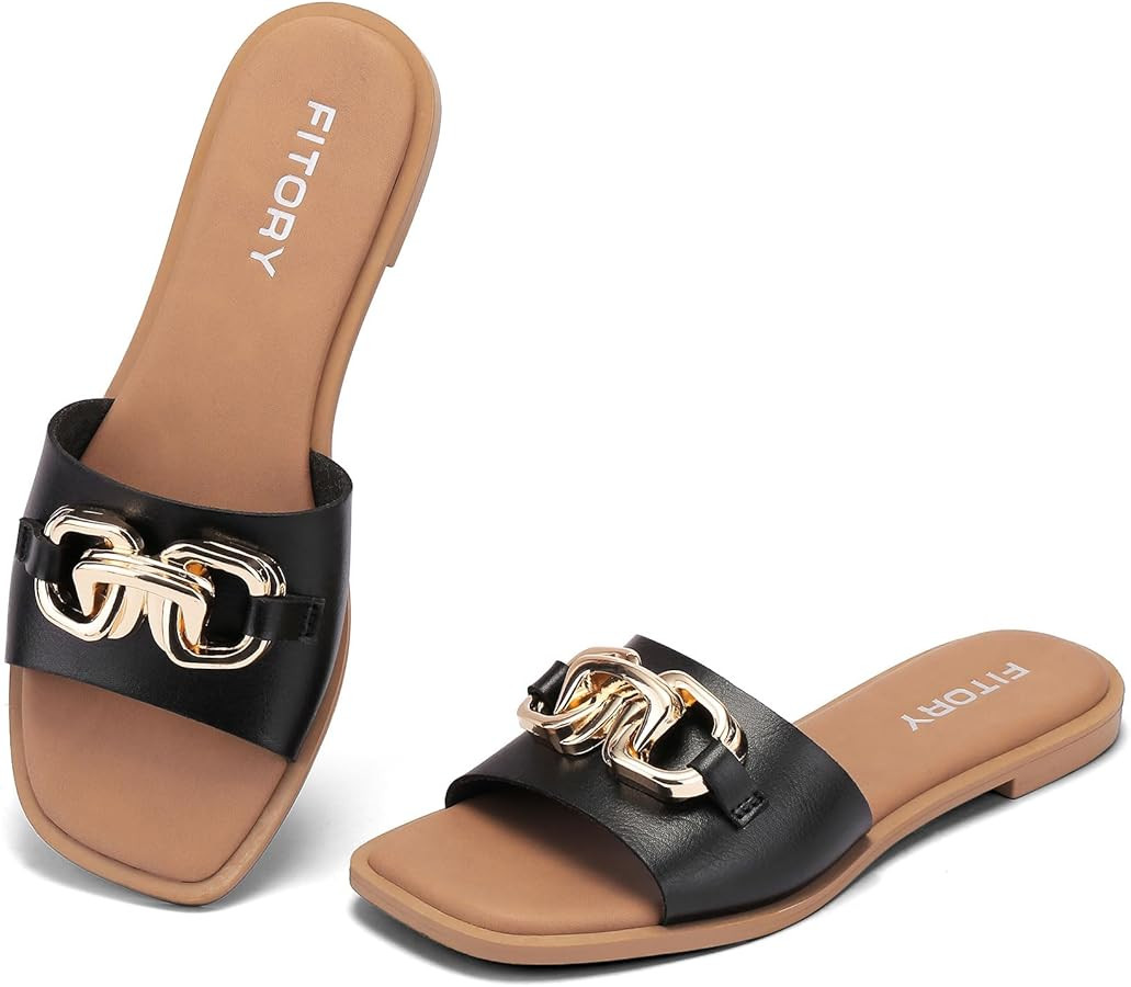 FITORY Women's Flat Sandals Fashion Slides With Soft Leather Slippers for Summer Size 6-11 | Amazon (US)