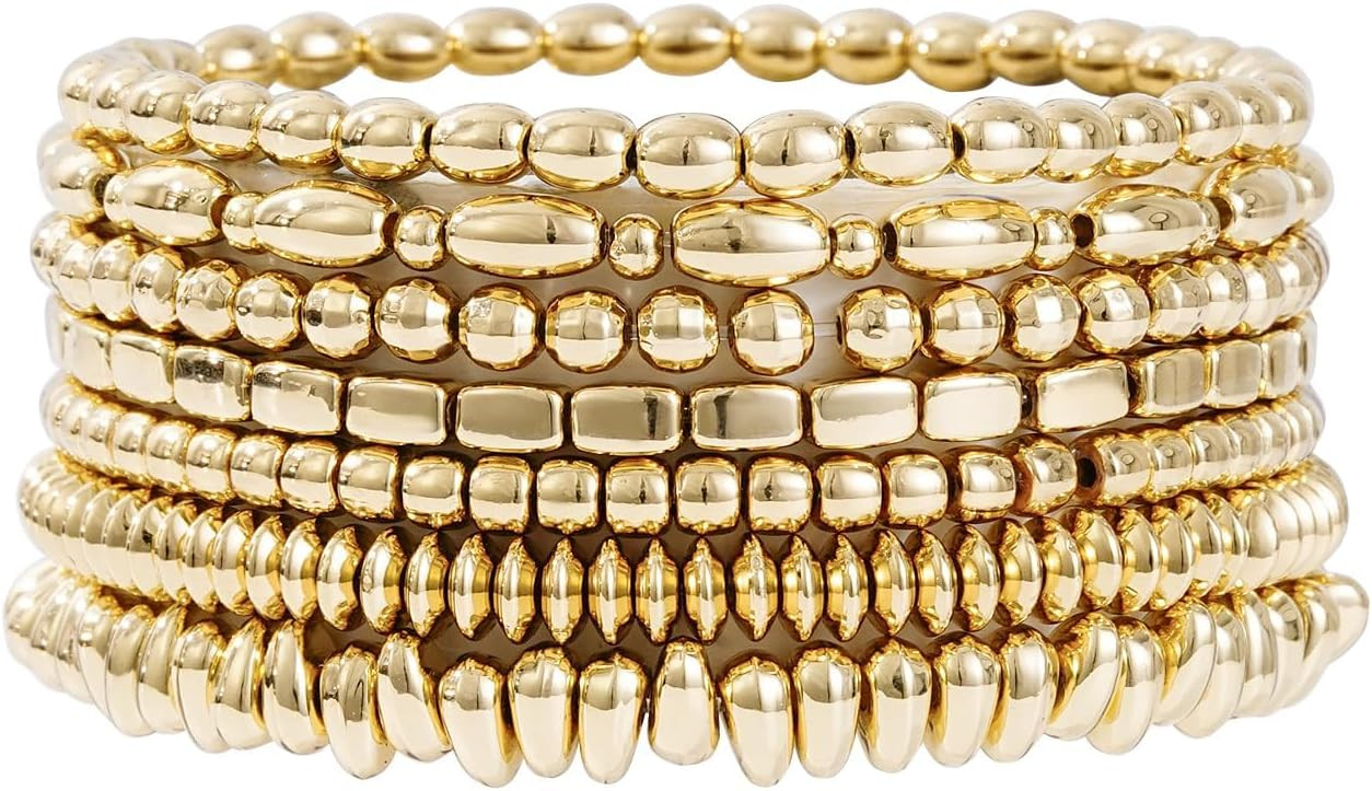 Gold Plated Beaded Bracelets for Women Trendy, 14K Gold Plated Stack Cross Pearl Bead Stretch Bracelets Set Elastic Hypoallergenic Bracelets Jewelry Gifts | Amazon (US)