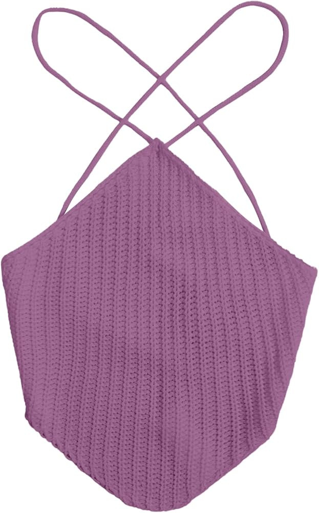 WDIRARA Women's Crisscross Tie Back Knit Crop Halter Top Asymmetrical Bandana Tops | Amazon (US)
