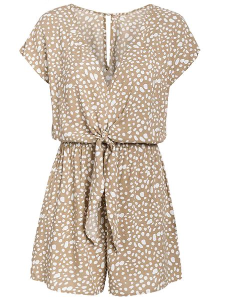 'Willow' Beige Dotted Print Front Tie Romper | Goodnight Macaroon