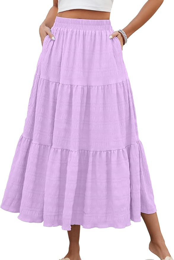 HUSKARY Women's Summer Casual Elegant Smock Layered Tiered Maxi Skirt High Waisted A Line Flowy L... | Amazon (US)