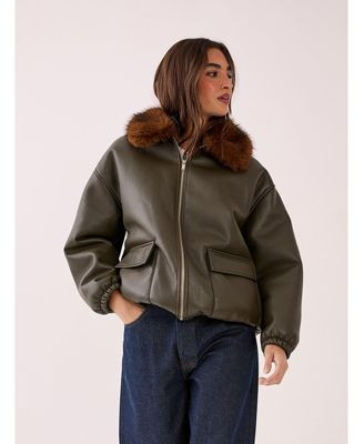 Women's Faux Fur Collar Bomber Jacket | Macy's