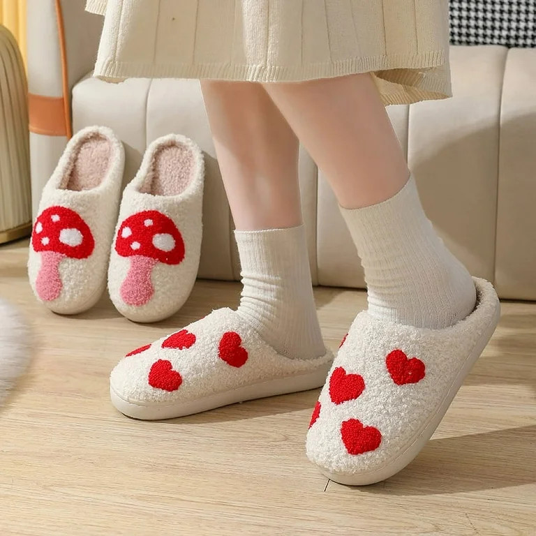 BERANMEY Cute Valentine's Day Slippers for Women Soft Plush Comfy Warm Slip-On Rose Heart Love Co... | Walmart (US)
