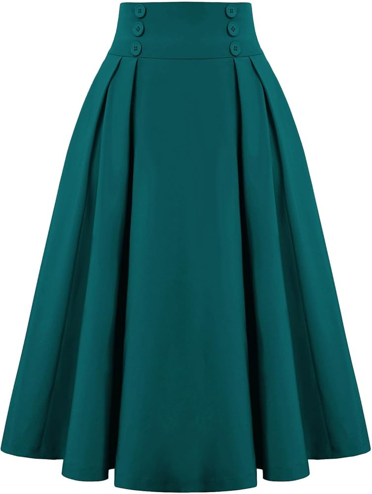 Belle Poque Women's Vintage High Waist Pleated Midi A-Line Skirt with Pockets | Amazon (US)