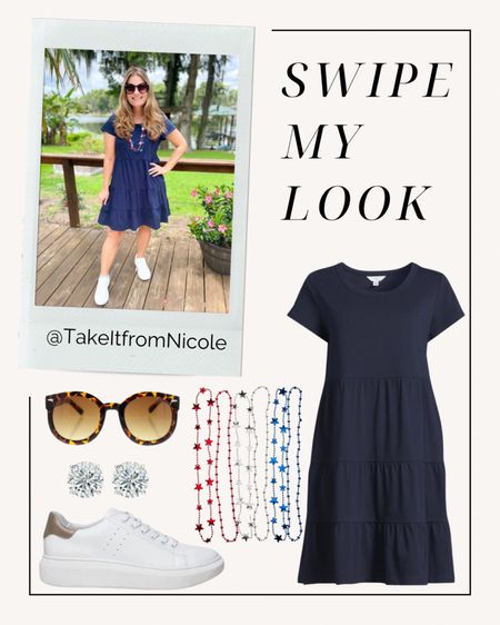 #walmartpartner 4th of July Outfit! This is what I'm planning to wear this year. This dress is SO comfy and easy to wear. I like how it can be dressed up or down. I can't believe it was under $12! It does run big (I sized down one to a small). The necklaces I will share with the kids but I thought they were super fun and under $4 @walmart #walmartfinds

#LTKFindsUnder50 #LTKxWalmart #LTKSeasonal