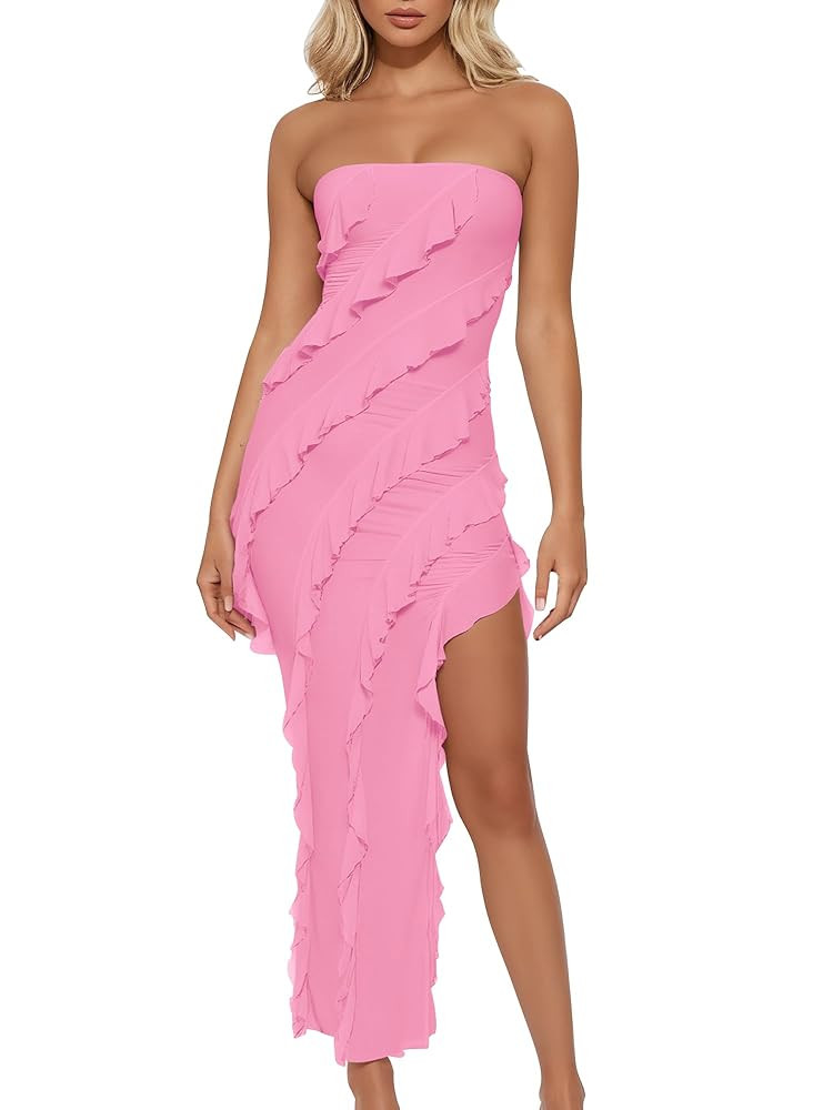 HOCILLE Women's Sexy Strapless Tube Bodycon Ruffle Split Long Cocktail Party Dresses | Amazon (US)