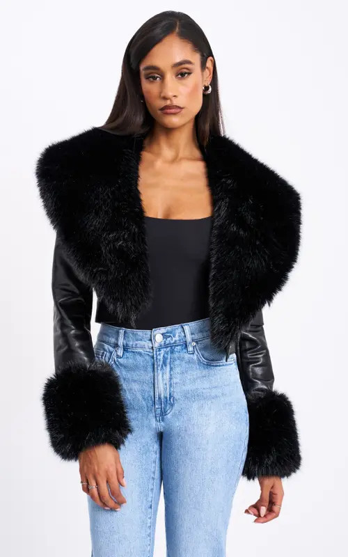 Miss Circle Ziah Cropped Leather Jacket with Fur Collar in Black at Nordstrom, Size Small | Nordstrom