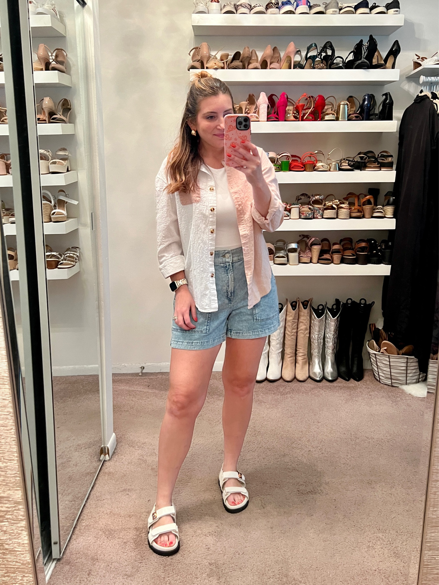 Saturday morning outfit, weekend outfit, Amazon bodysuit, button down linen shirt, denim shorts, white chunky sandals, casual outfit, summer outfit 

#LTKFindsUnder50 #LTKStyleTip #LTKSaleAlert