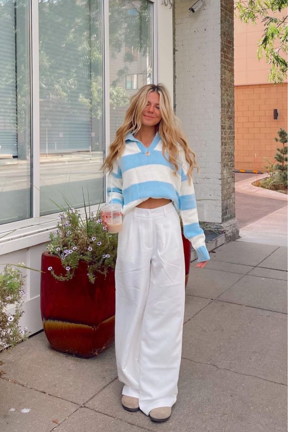 sweater, coastal granddaughter, trousers, coffee shop outfit, striped sweater, white trouser pant

#LTKunder50 #LTKSeasonal #LTKworkwear