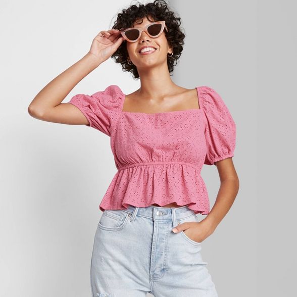 Women's Puff Short Sleeve Eyelet Square Neck Peplum Top - Wild Fable™ | Target