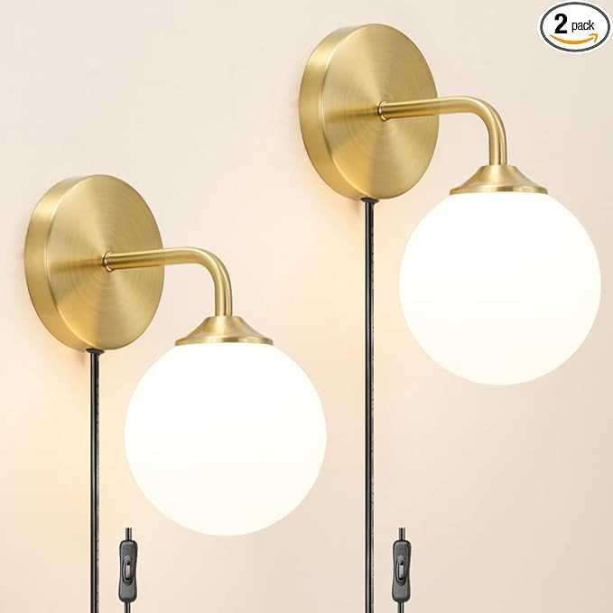 Gold Plug in Wall Sconce Set of 2, Wall Light Fixture with Plug in Cord On/Off Switch, Mid Centur... | Amazon (US)