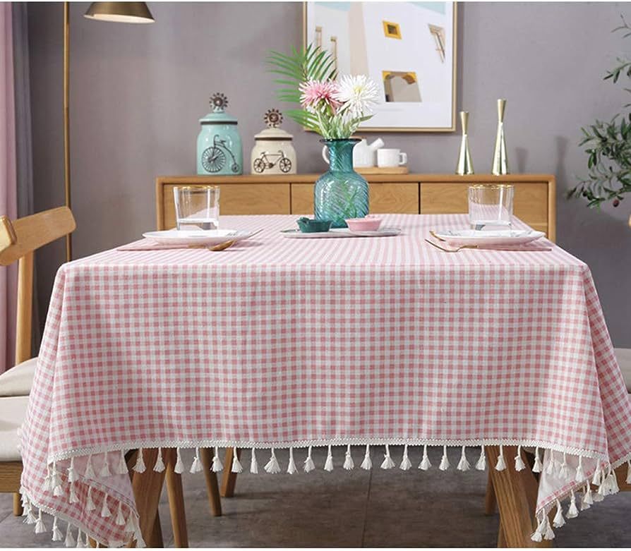 Vintage Gingham Checkered Plaid Tablecloth with Tassel Table Cover Cotton Linen Tablecloths for D... | Amazon (US)