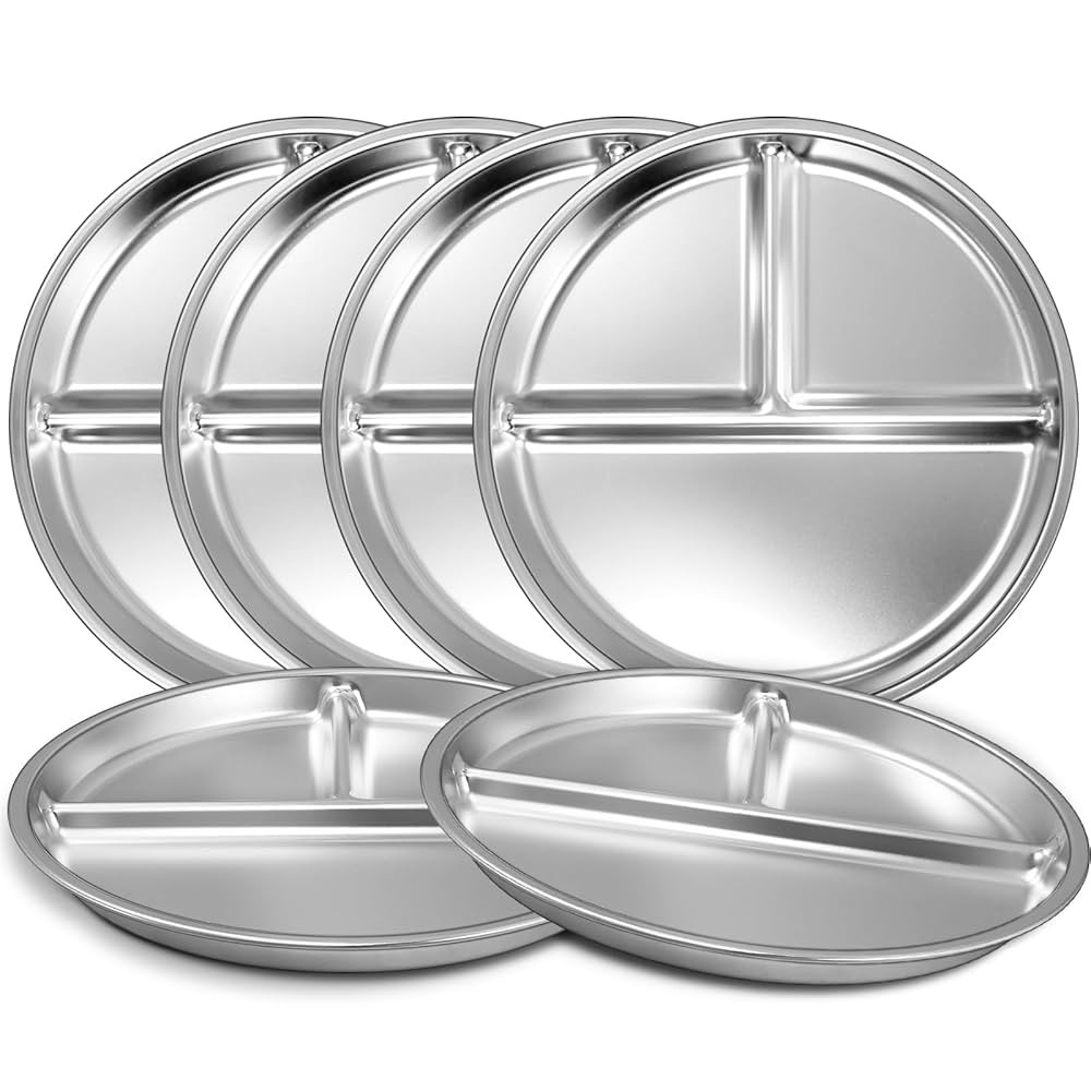 EWFEN Stainless Steel Toddler Plate Set of 6, 9" Portion Control Plates Divided Plate for Adults ... | Amazon (US)