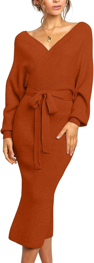 CHERFLY Women's V Neck Sweater Dresses Batwing Long Sleeve Backless Bodycon Dress with Belt | Amazon (US)
