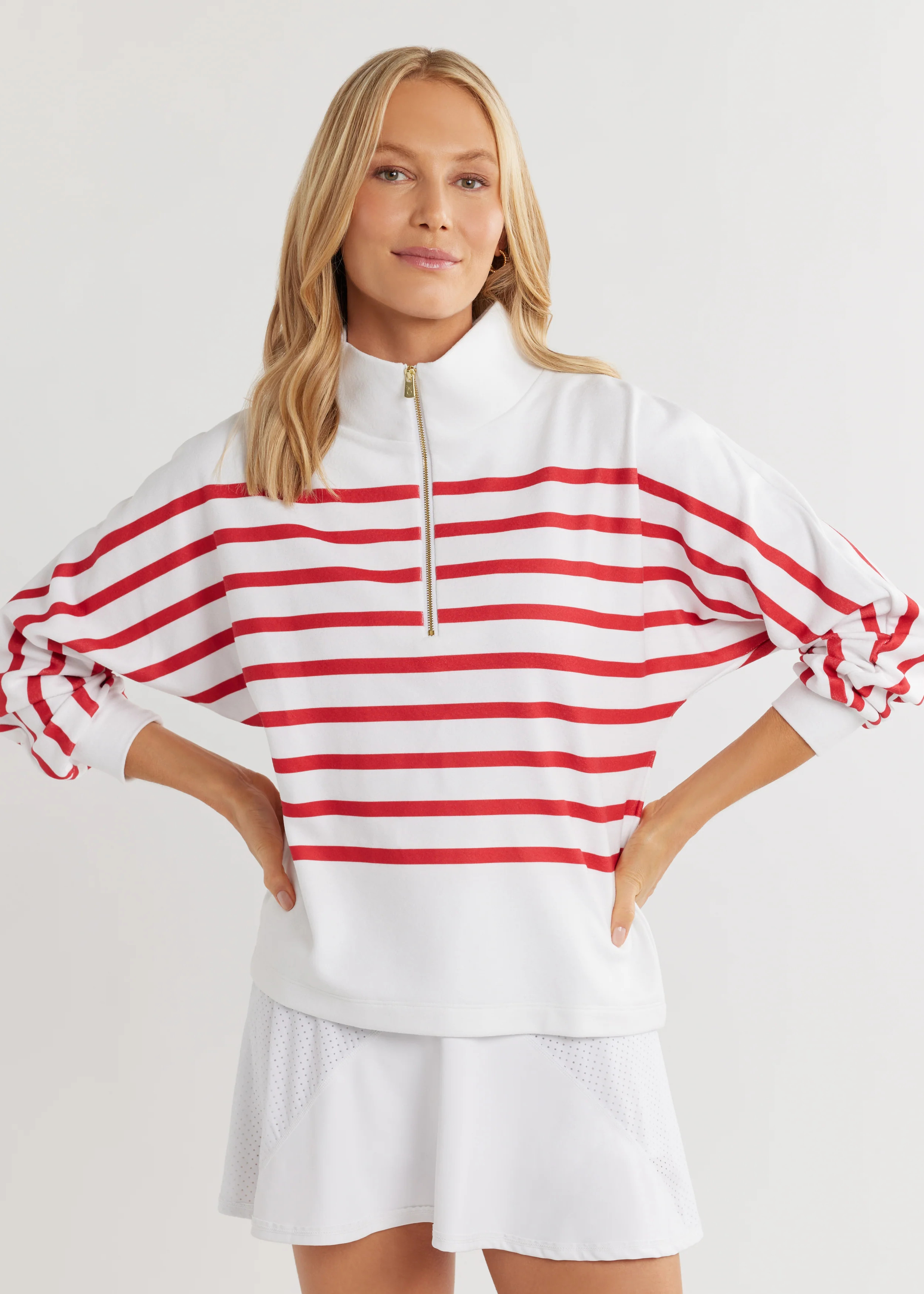 Marion Zip Pullover in Terry Fleece (White/Red Placed Stripe) | Dudley Stephens