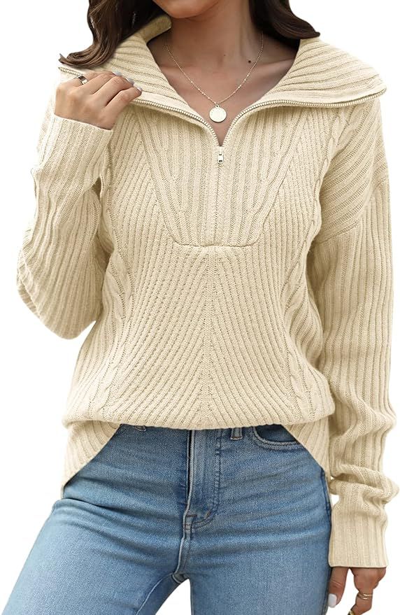 DEEP SELF Women's Half Zip Collared Sweaters Drop Shoulder Long Sleeves Collar Quarter 1/4 Zipper... | Amazon (US)