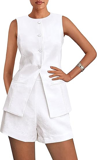 PRETTYGARDEN Women's 2 Piece Sets 2025 Summer Trendy Button Down Suit Vest Tops High Waisted Shor... | Amazon (US)