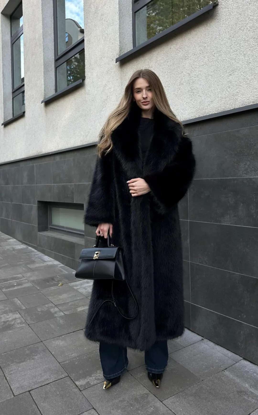 Black Faux Fox Fur Coat, Women Long Voluminous Vegan Maxi Coat, Elegant Belted Coat for Holiday P... | Etsy (US)