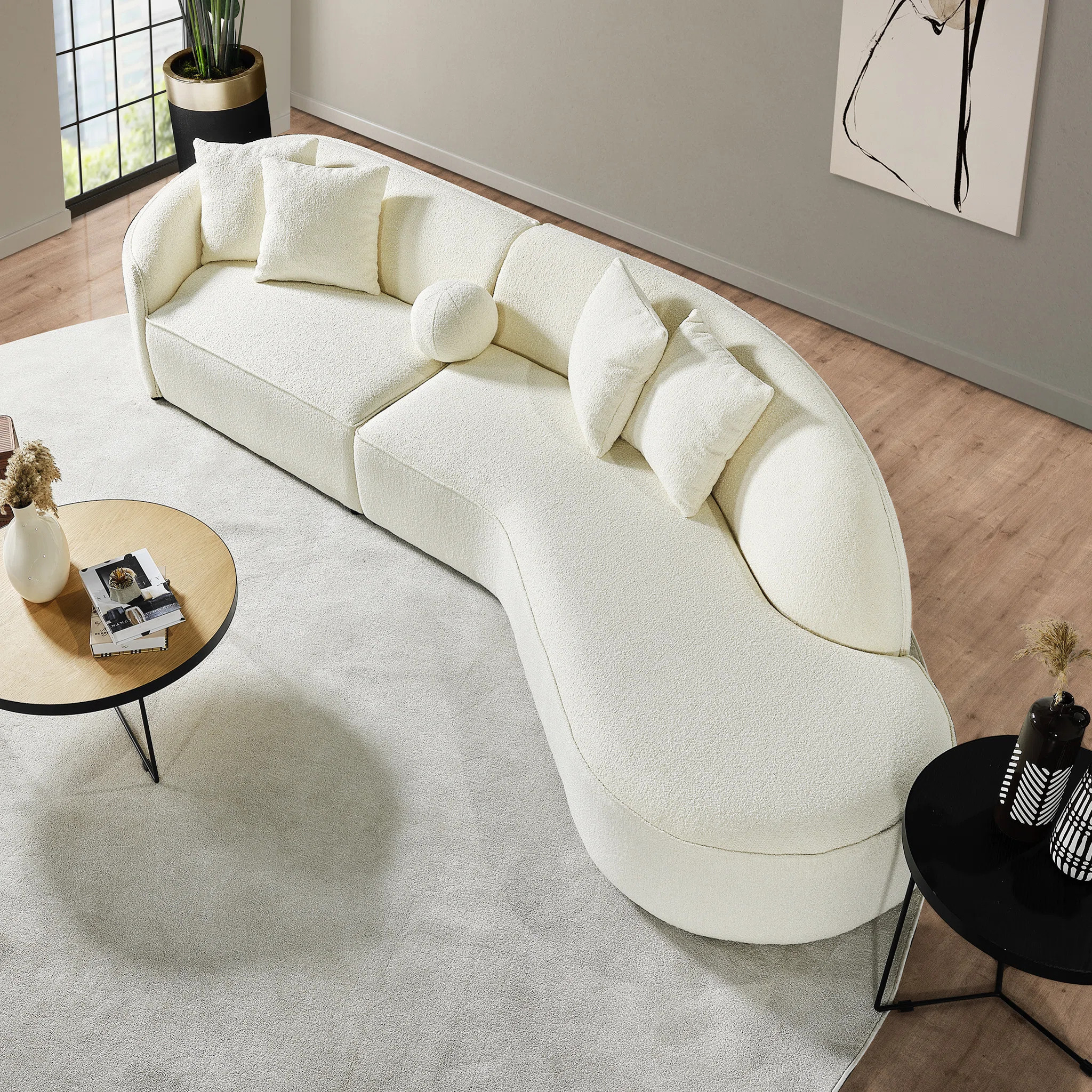 133" Japandi Style Luxury Modern Boucle Fabric Curvy Sectional Couch | Wayfair North America