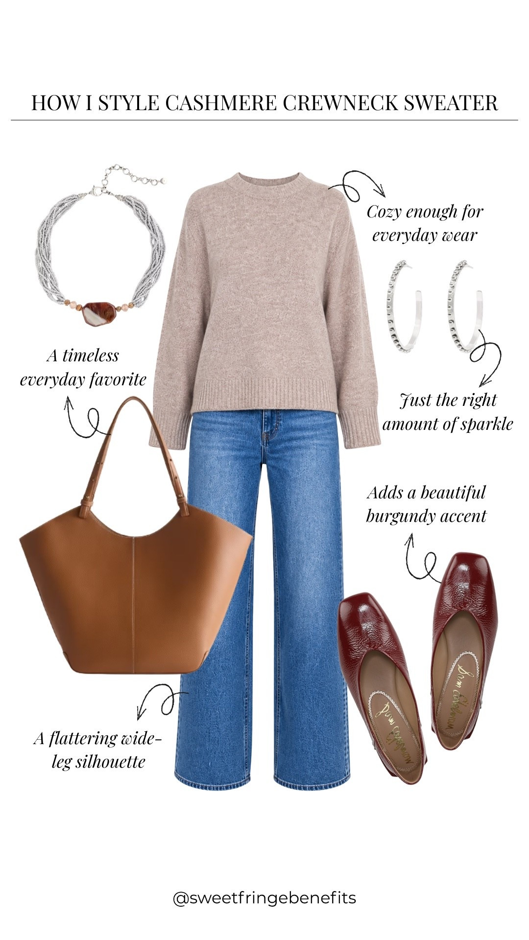A cashmere sweater and jeans are always a good idea, but I think the burgundy flats make this outfit! Just a little color to keep the classics interesting.