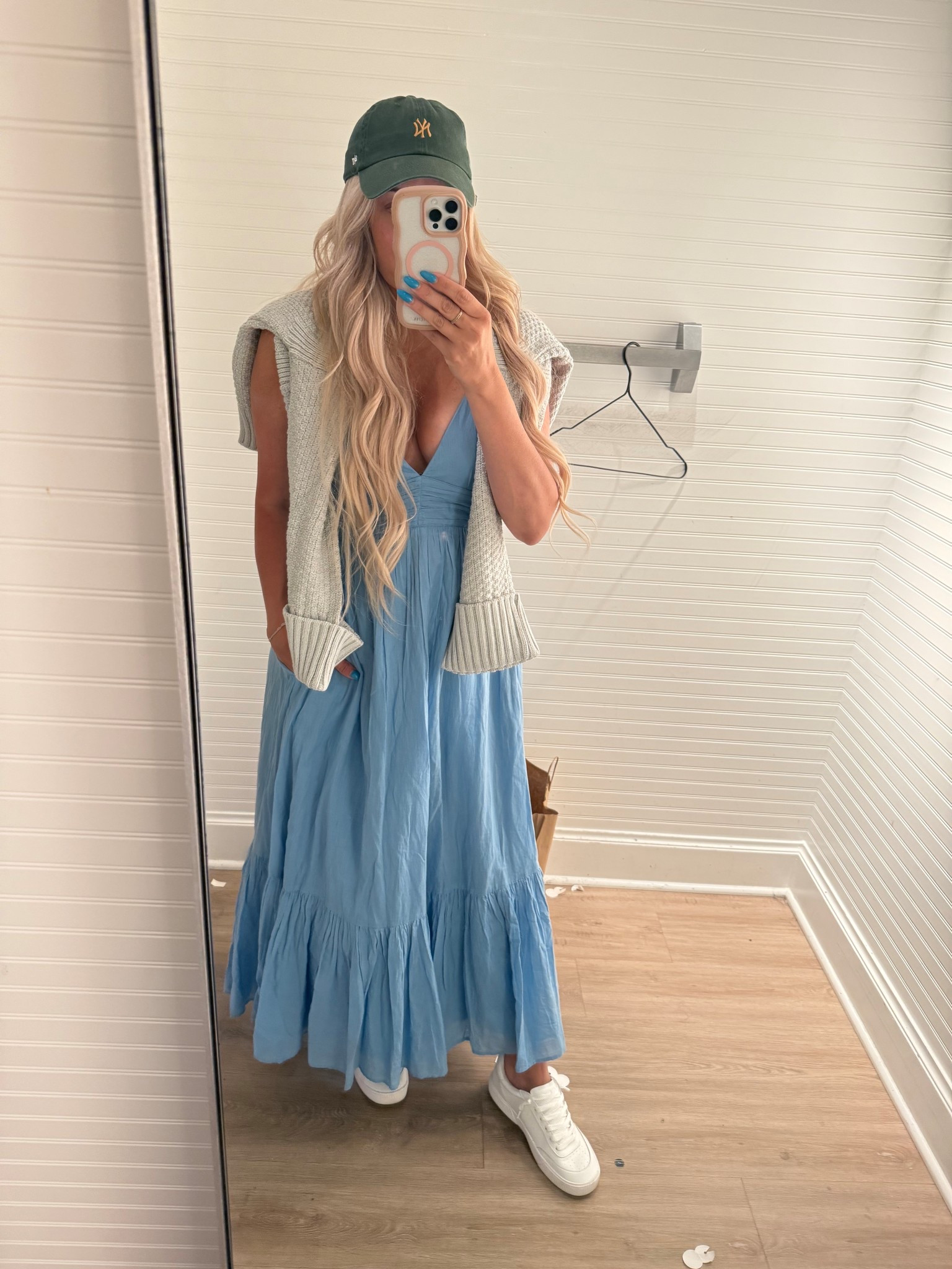 I had hat hair in the dressing room.. so I left it on, but this would be cute with a different hat. :) Dress/sweater size Large. 